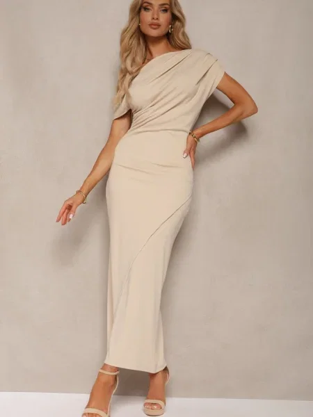 Rochie deschis elegantă cambrată pe un umăr cu crăpătură pe picior Dimatta bej
