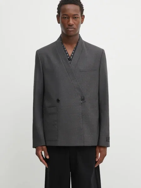 Kenzo geacă de lână Weave Adjusted Kimono Tailored gri
