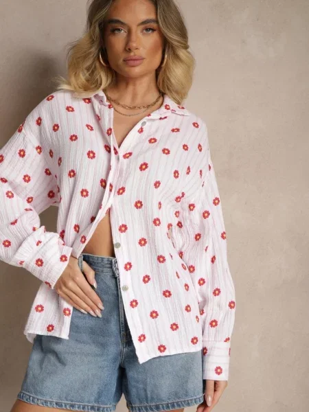 Różowo-Czerwona Koszula z Bawełny w Prążki Zdobiona Kwiatowym Wzorem Apiola czerwona