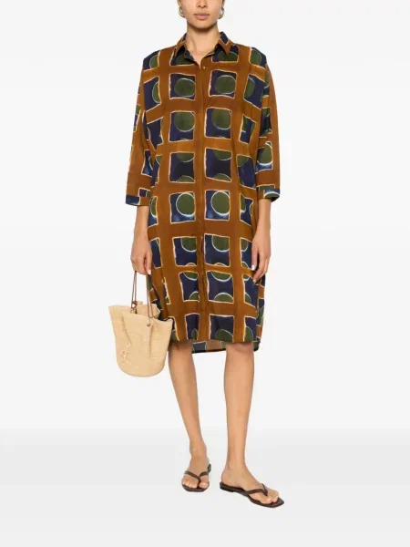 Rochie midi Yavi cu imprimeu geometric maro