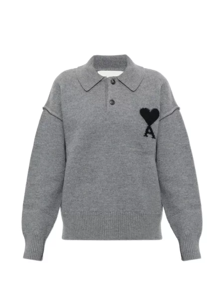 Tricou polo Ami Paris de lână gri