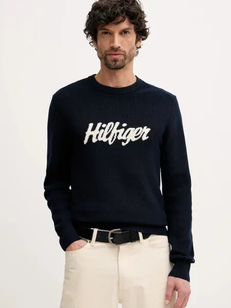 Bombažen pulover Tommy Hilfiger mornarsko modra