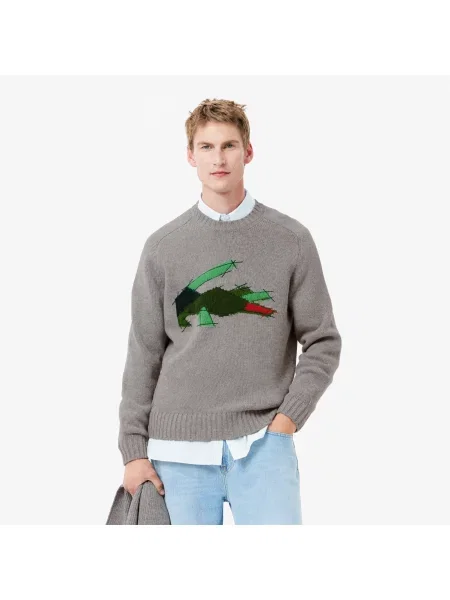 Lacoste Wełniany Sweter Z Okrągłym Dekoltem Classic Fit szary