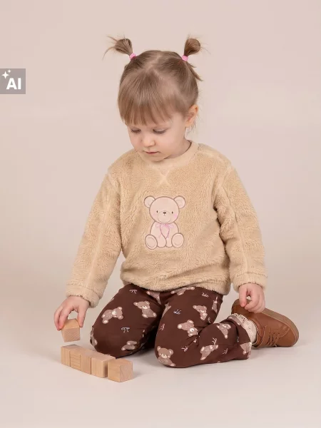 Sinsay Zateplená mikina crewneck s motivem medvídka béžová