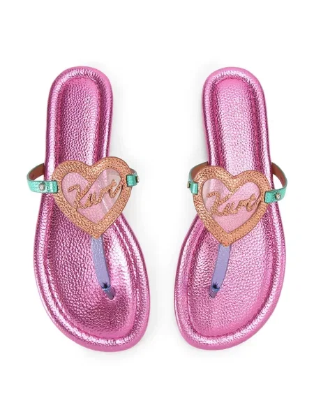 Șlapi Kurt Geiger din piele cu motiv cu inimi fără toc roz