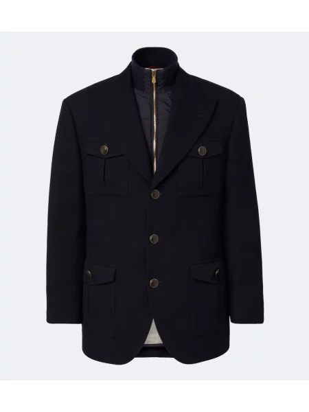 Geacă Brunello Cucinelli de lână cu model herringbone albastru