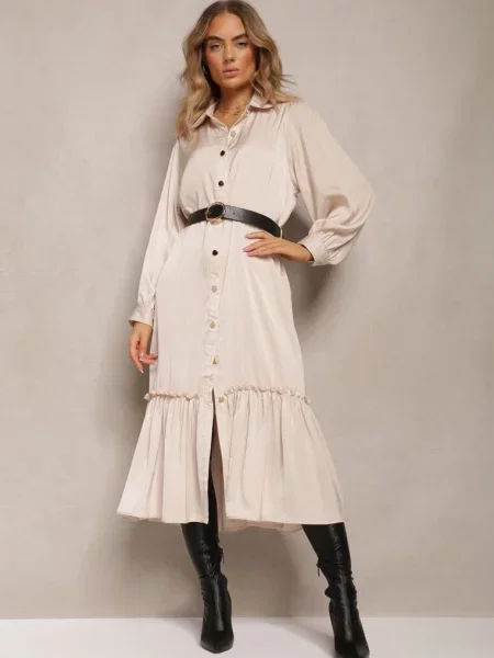 Koszulowa Sukienka Midi z i Ozdobną Falbanką Mulimani beżowa