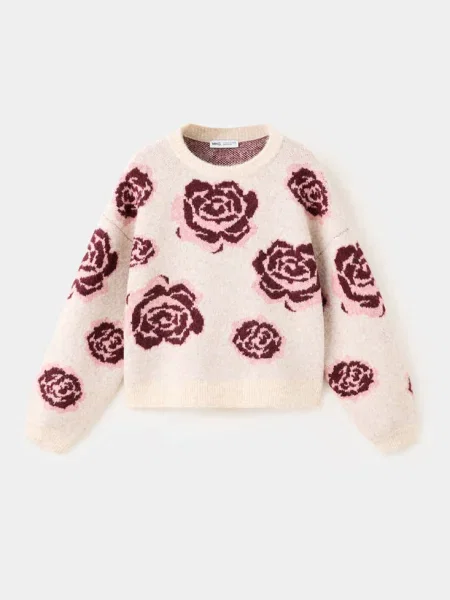 Sweter z dzianiny z motywem kwiatów Dzieci lata MANGO KIDS beżowy