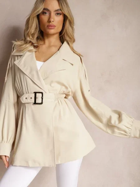 Płaszcz o Krótkim Fasonie z i Elastyczną Talią oraz Bufiastymi Rękawami Pathia beżowy