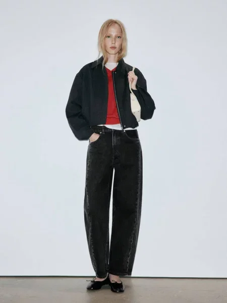 Jeansy balloon ze szwami black denim Kobieta 34 MANGO czarne