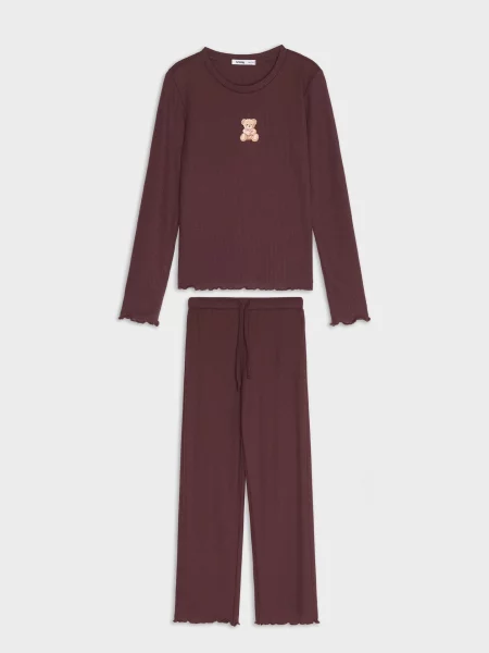 Sinsay Dvoudílné pyžamo s příměsí viskózy a vyšívaným medvídkem tmavě hnědá