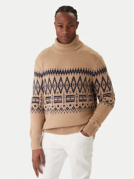 Tommy Hilfiger wełniany sweter Mężczyźni beżowy|niebieski wzorzysty S beżowy
