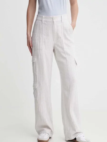 Ленен панталон Hollister Co. с широка каройка с висока талия бяло