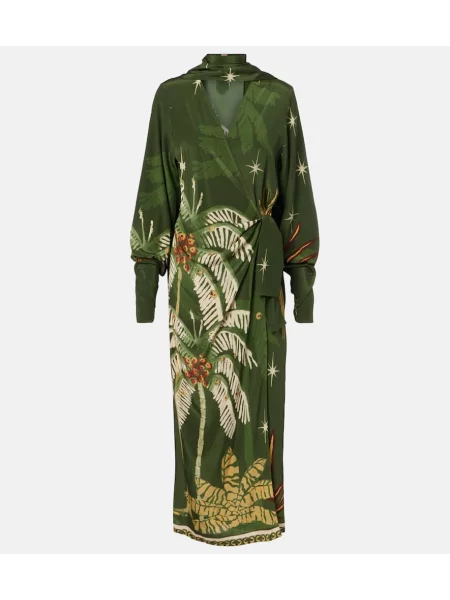 Rochie midi Johanna Ortiz de mătase cu imagine până la genunchi verde