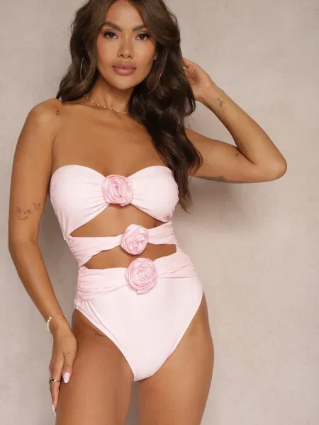 Strój Kąpielowy Jednoczęściowy Bez Ramiączek z Aplikacją Kwiatu Nansilah różowy