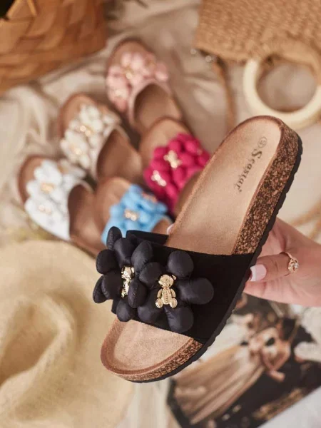 Șlapi Resti cu model floral teddy negru