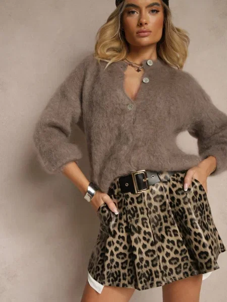 Spódnico-Szorty w Panterkę z Ekoskóry High Waist Ozdobione Alleana brązowe