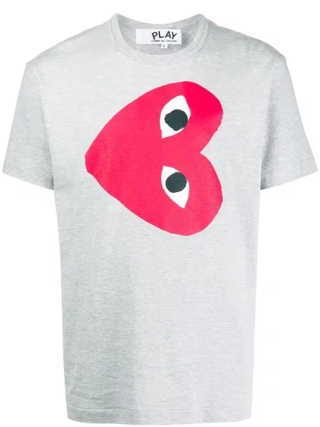 Tricou Comme Des Garcons Play cu imagine cu motiv cu inimi cu decolteu în U gri