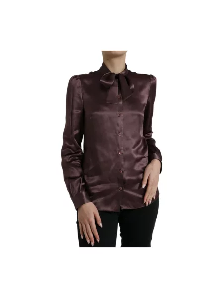 Jedwabna koszula Dolce And Gabbana z kokardką brązowa