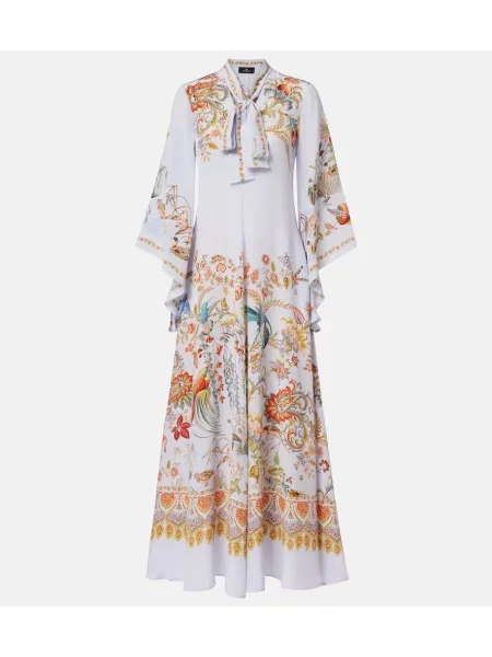 Jedwabna sukienka maxi Etro w kwiatki garniturowa niebieska