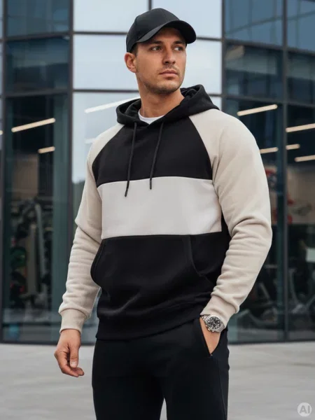 Bluza basic z kapturem w popielato-czarne paski Dstreet czarny