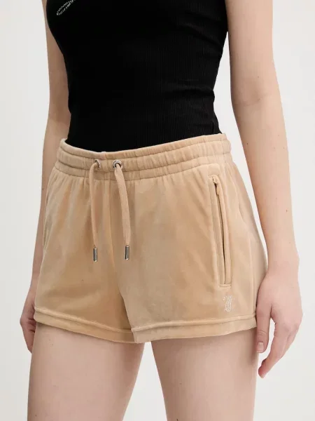 Juicy Couture szorty welurowe TAMIA z aplikacją medium waist beżowy
