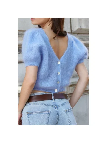 Sweter American Dreams z dekoltem w serek niebieski