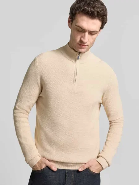 Sweter z dzianiny o kroju slim fit z mieszanki bawełny z kołnierzem zapinanym Profuomo biały