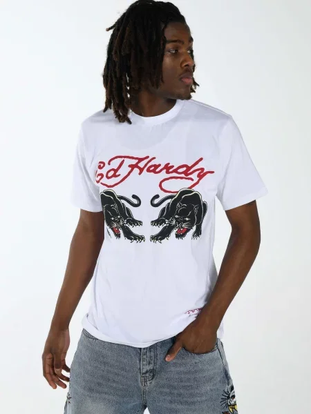 Ed Hardy Tričko Double-Panther svetložltá / červená / čierna biela