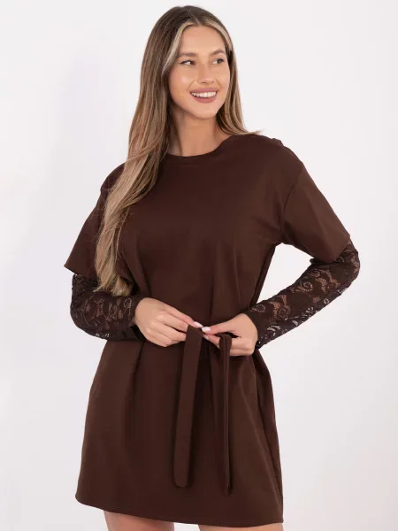 Rochie Italy Moda din dantelă cu mâneci din dantelă maro