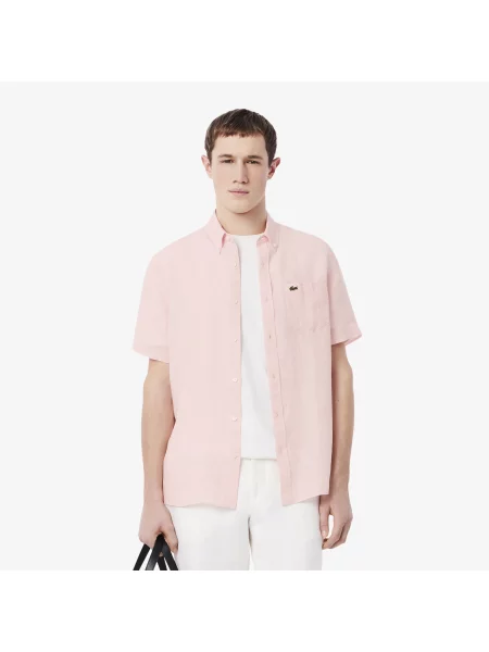 Lacoste Lniana Koszula Z Krótkim Rękawem różowa