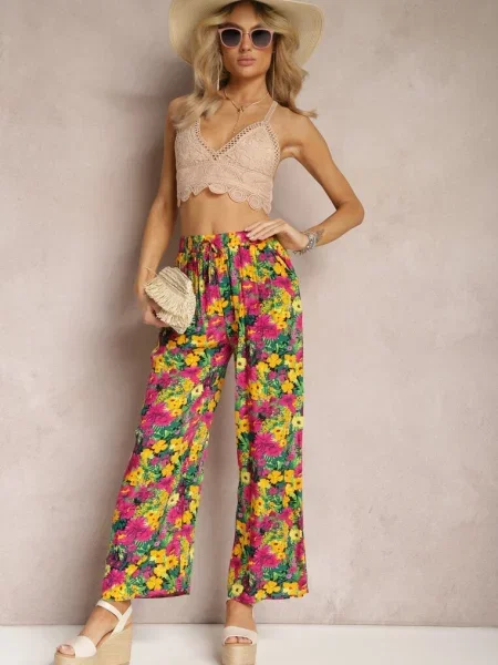 Spodnie z Prostą Nogawką High Waist w Kwiatowy Wzór Zaranima żółte