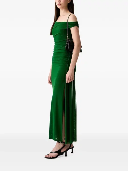 Rochie maxi Bardot cu volane cu un umăr gol verde