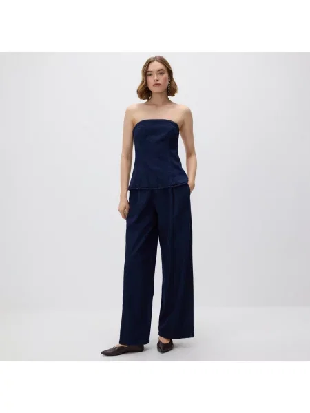 Reserved Džíny wide leg se záložkami tmavomodrá