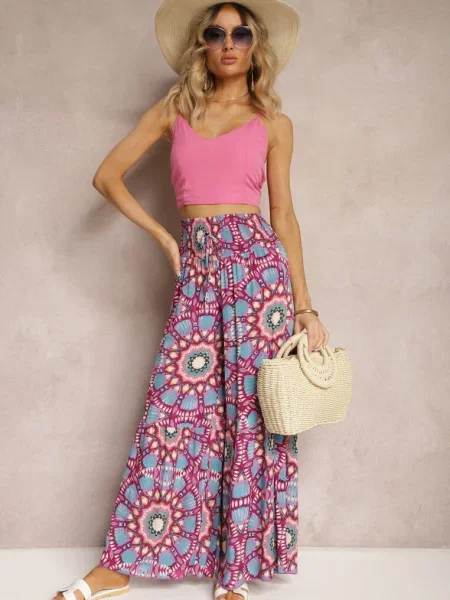 Różowo-Niebieskie Spodnie Typu Palazzo z High Waist z Gumką w Pasie Bistalia niebieskie