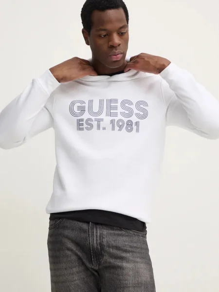 Суичър с качулка Guess с качулка с принт бяло
