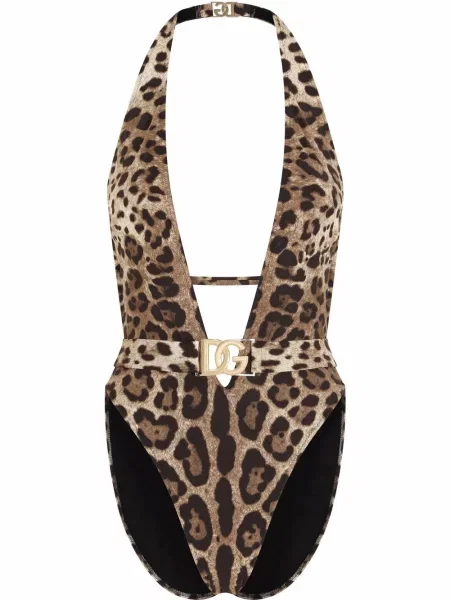 Costum de baie Dolce & Gabbana cu imagine cu model leopard cu gât halter maro