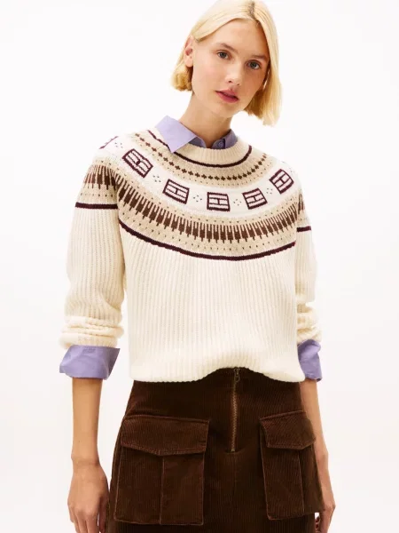 Tommy Hilfiger Wełniany sweter Kobiety Wełna beżowy|brązowy wzorzysty M beżowy