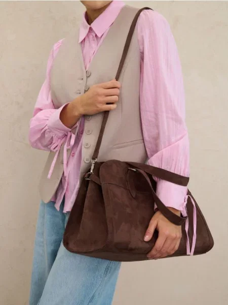 Велика сумка з імітації замші темно коричневий