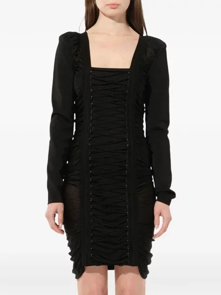 Rochie mini Balmain cu șireturi cu volane din dantelă negru