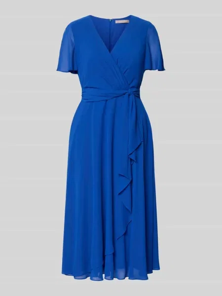 Sukienka koktajlowa do kolan z wiązanym paskiem Christian Berg Cocktail niebieska