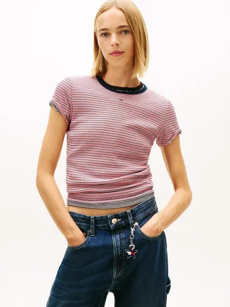 Tommy Jeans osnovna kratka majica z elastanom modra