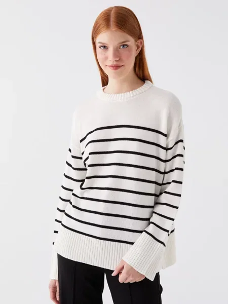 Sweter Lc Waikiki w paski z długim rękawem z okrągłym dekoltem biały