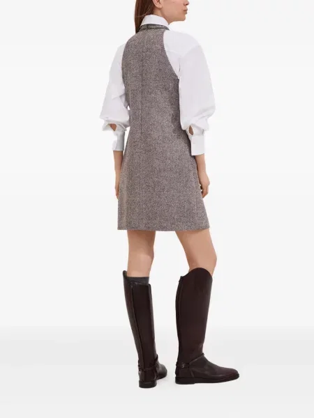 Sukienka Brunello Cucinelli tweedowa w jodełkę garniturowa brązowa