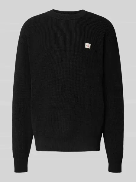 Sweter z dzianiny z fakturowanym wzorem i okrągłym dekoltem Calvin Klein Jeans czarny