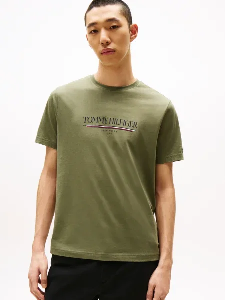 TOMMY HILFIGER Tričko námornícka modrá / kaki / ohnivo červená biela