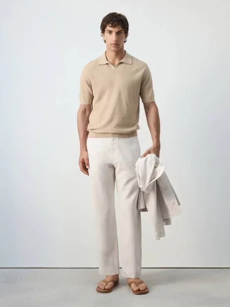 Jeansy regular fit z mieszanki bawełny i lnu kremowy / écru Mężczyzna 42 MANGO MAN