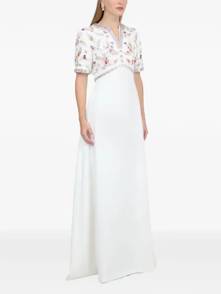 Rochie maxi Dina Melwani cu model floral alb