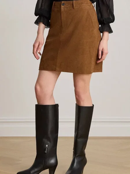 Lauren Ralph Lauren fustă creion din piele întoarsă maro