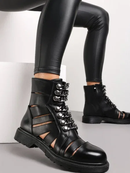 Botine cu Talpă Joasă cu Decupaje și Șiretură Decorativă Myleah negre